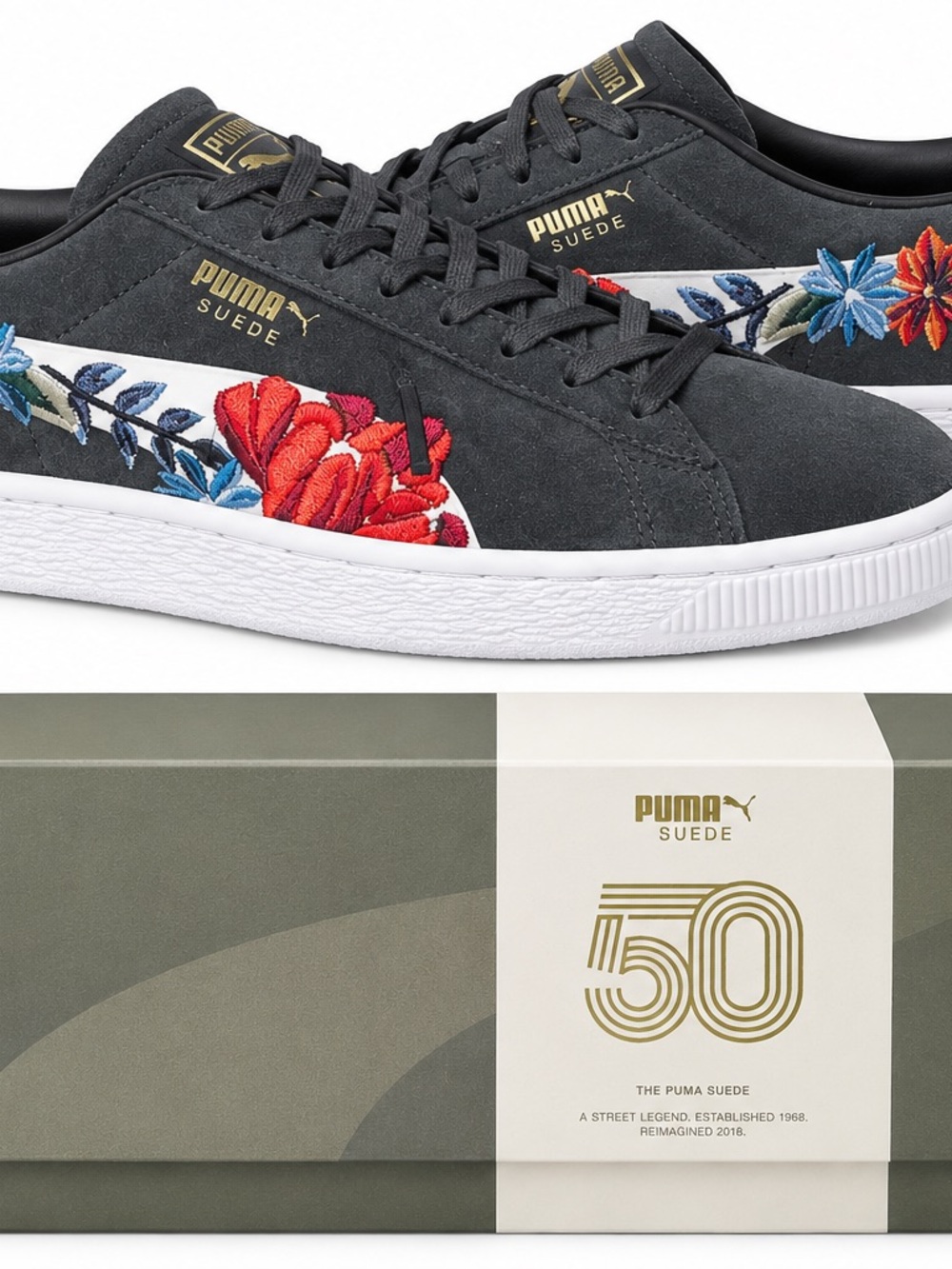 Puma Suede Women's Sneakers with Red & Blue Floral Embroidery